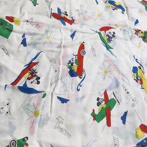 Vintage Walt Disney Productions Mickey Mouse Airplane Travel Fabric Sheet 44"x40